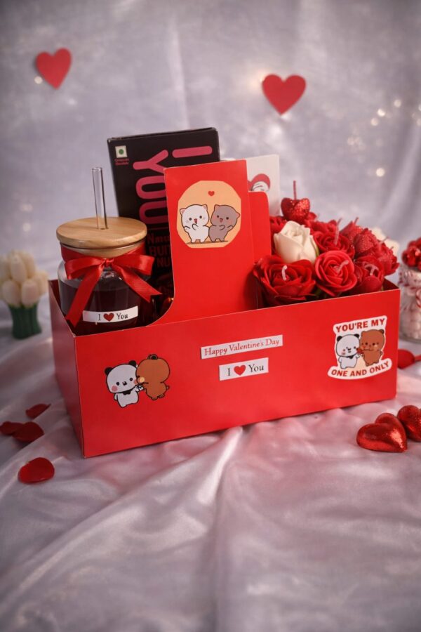 Valentine Special Love Hamper for Her – Roses, Candle Bouquet, Chocolate & Teddy Gift Box